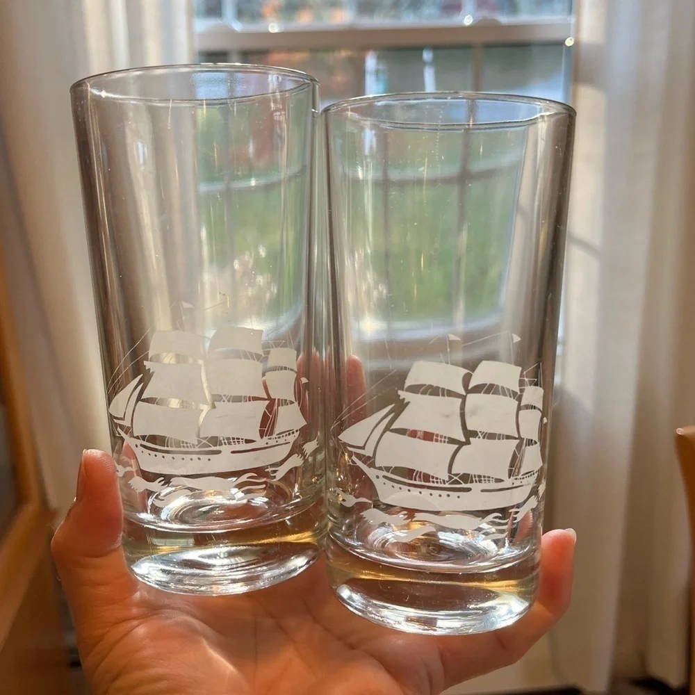 Vintage Schooner Sailing Ship Tumblers Glasses 12 oz. set of Two